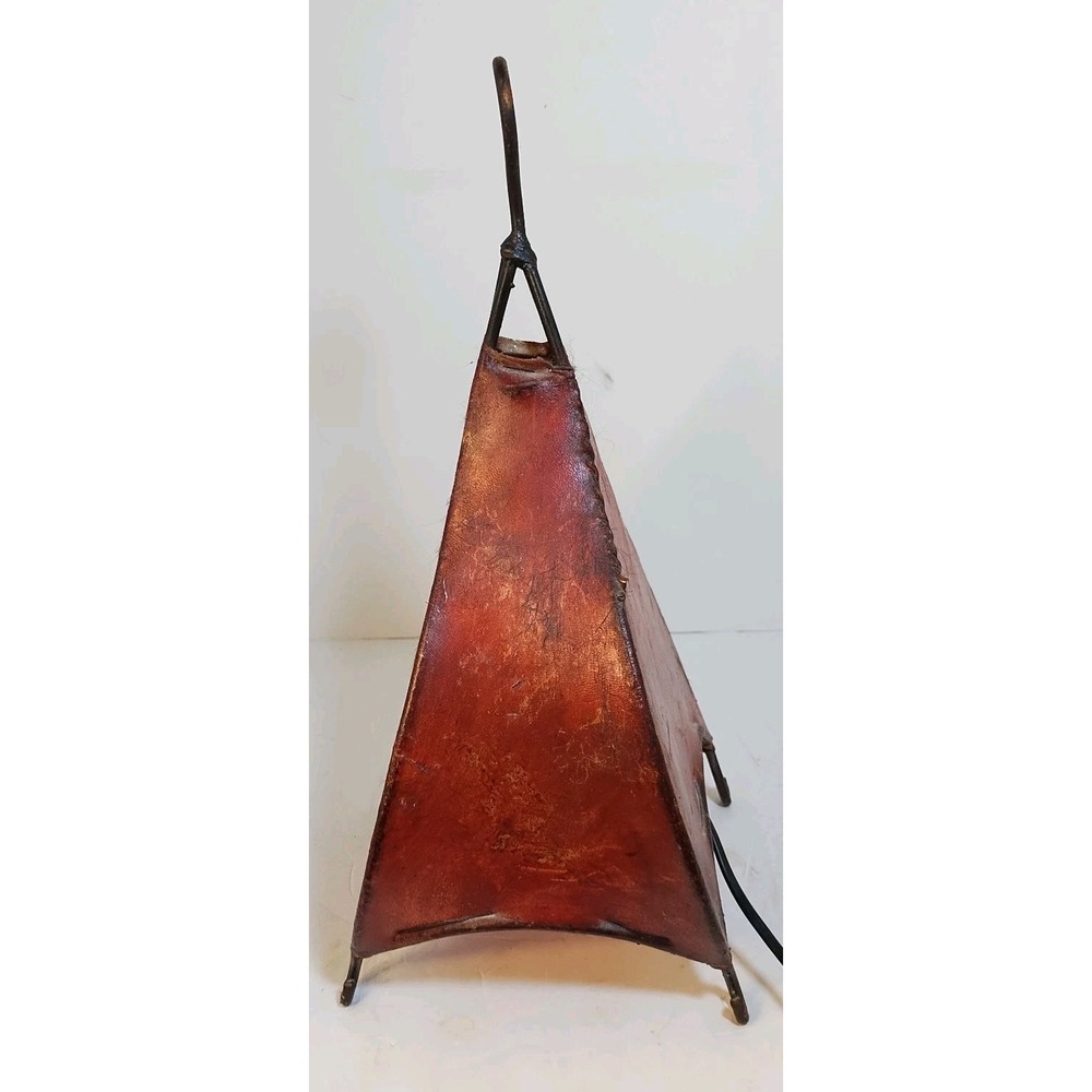 Vintage Pig Skin Table Lamp Iron Accent Light Spanish Red Leather Scroll Bedside - Picture 4 of 16